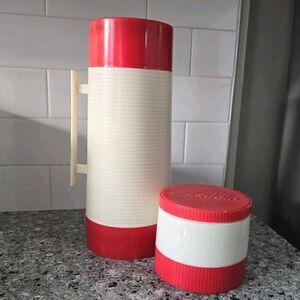 Vtg 70s Aladdin Hy-Lo Thermos & Soup Thermos Red Cream Insulated‎ Hot Cold Lunch